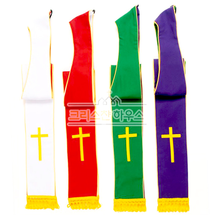 십자가 스톨 (4색 2장) - 목회자 목사님 가운용 후드 교회스톨수경사